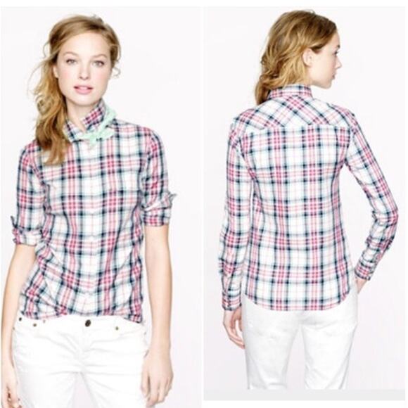 J. Crew Long Sleeve Plaid Boy Shirt Women's 4 Mint Strawberry Button Down Collar - Picture 2 of 7
